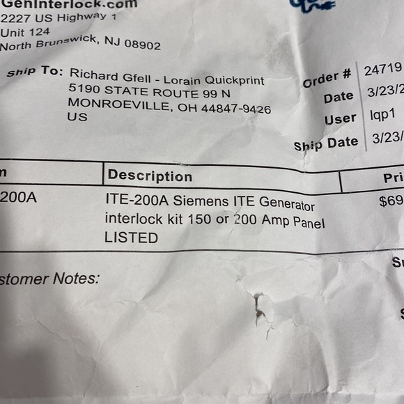 Siemens ITE generator interlock kit 150 or 200 amp panel. New - Picture 4 of 5